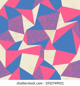 Pink and blue triangles. Geometric seamless pattern in retro style. Vintage background. 