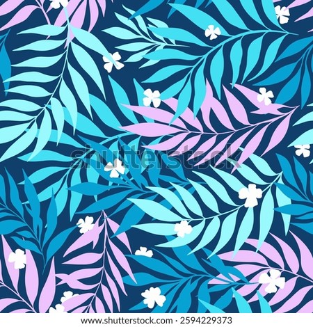 Pink Blue Tropical Leaf Vector Seamless Pattern, Vibrant Exotic Foliage Leaves, Modern Bold Color Combination for Fashion Fabric Textile or Wallpaper Design