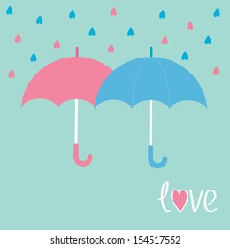 Pink and blue umbrellas. Rain in shape of hearts. Love card. Vector illustration.