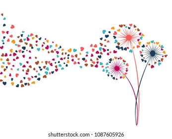 Pink blue vector dandelion herbs, meadow flowers illustration. Floral windy background with dandelion blowing plant. Flowers with heart shaped feather flying. Meadow blossom.