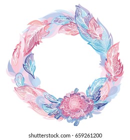 Pink and Blue Vector Feather Wreath
Elegant romantic vignette circle frame made of boho sketch elements for card and invitation design