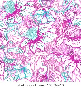 Pink and blue vector floral seamless pattern