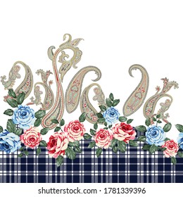 pink and blue vector flowers border with seamless paisley pattern on stripe background