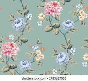 pink and blue vector flowers with green leaves pattern on green background