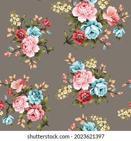 pink and blue vector flowers with green and cream leaves bunches pattern on grey background