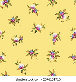 pink and blue vector flowers with green leaves bunches pattern on yellow background