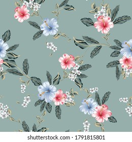 rosafarbene und blaue Vektorgrafik-Blumen mit Laubmustern auf grünem Hintergrund