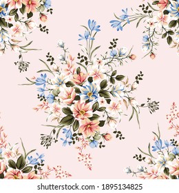 pink and blue vector flowers with leaves bunches pattern on pink background