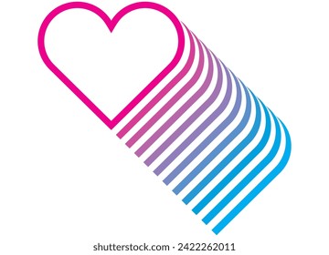 
Pink and blue vector heart in retro style. Striped pattern in neon colors. Valentine's Day pattern. Цветной A design element made of liny. Symbol of love. Windy background. Disco