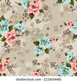 pink and blue vector stock flowers with green leaves bunches pattern on cream seamless  background