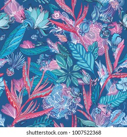 Pink and Blue Vector Tropical Pattern. Seamless elegant sketch detailed background with turquoise asian exotic plants and flowers