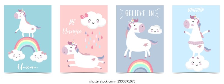 Pink blue violet hand drawn seamless pattern with rainbow,heart,cloud,unicorn and rain