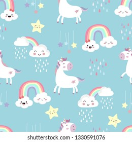 Pink blue violet hand drawn seamless pattern with rainbow,heart,cloud,unicorn and rain