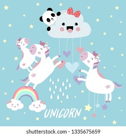 Pink blue violet hand drawn seamless pattern with rainbow,heart,cloud,unicorn,panda and rain