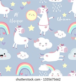 Pink blue violet hand drawn seamless pattern with rainbow,heart,cloud,unicorn,sun and rain