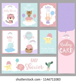 Pink blue violet pastel greeting card with skunk,star,bear,balloon,narwhal,elephant,cactus,cloud and basket