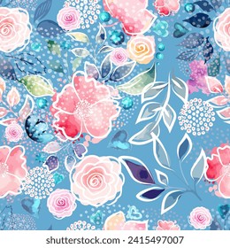 Pink and blue watercolor flowers seamless pattern. hand drawing. Not AI, Vector illustration