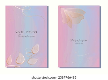 Pink and blue watercolor vector background with transparent leaves and golden flower. Template for card, happy birthday card, greeting cards, weddings, flyers, invitations, wedding invitations, partie