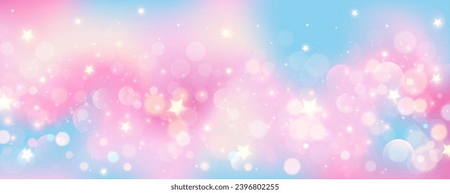 Pink and blue wavy fluid background with stars and bokeh. Abstract light blurred vector design. Soft rose sky. Pastel gradient romantic wallpaper.