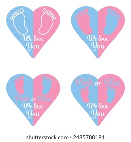 Pink or blue. We love you. Celebration stickers for gender reveal party. Boy or girl. He or she. Know gender of unborn child. Baby Shower party decor