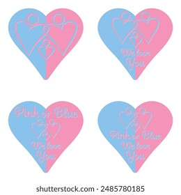 Pink or blue. We love you. Celebration stickers for gender reveal party. Boy or girl. He or she. Know gender of unborn child. Baby Shower party decor