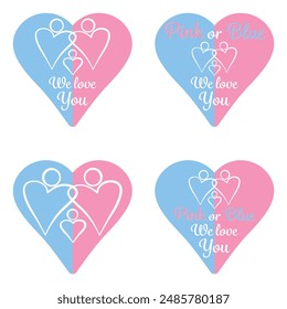 Pink or blue. We love you. Celebration stickers for gender reveal party. Boy or girl. He or she. Know gender of unborn child. Baby Shower party decor