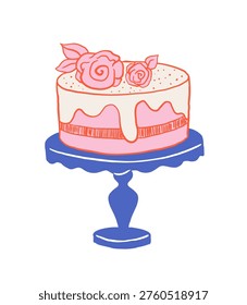 Pink and blue wedding cake on a stand retro vector illustration. Vintage cafe, patisserie and bakery doodles series.