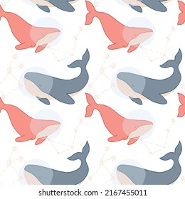 pink, blue whales in spacesuits on a white background among the stars. vector endless pattern for sci-fi theme design