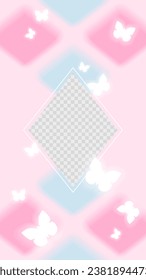 Pink blue white colors. Soft pastel girly graphic illustration with rhombus and butterflies. y2k stories template.