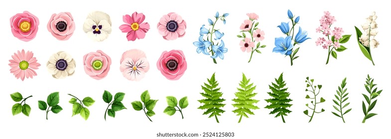 Pink, blue, and white flowers and green leaves and grasses isolated on a white background. Set of vector floral design elements. Hand-drawn illustration, not AI