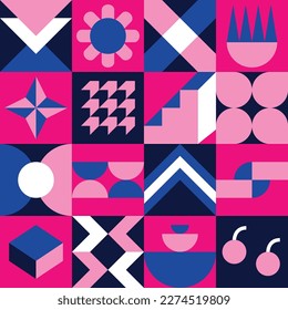 Pink, blue, and white geometric artwork - flat shapes composition illustration vector