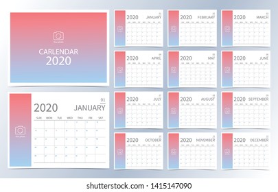 Rosa blauer weißer Farbverlauf-Monatskalender 2020.Kann für druckbare Grafiken und Webseiten verwendet werden