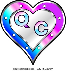 Pink, blue and white metallic heart with letters Q and C, shiny vector illustration, amazing love, passion and happiness vector, illustration for valentine couple. God is good!