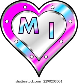Pink, blue and white metallic heart with letters M and I, shiny vector illustration, amazing love, passion and happiness vector, illustration for valentine couple. God is good!