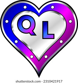 Pink, blue and white metallic heart with letters Q and L, shiny vector illustration, amazing love, passion and happiness vector, illustration for valentine couple. God is good!