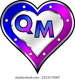 Pink, blue and white metallic heart with letters Q and M, shiny vector illustration, amazing love, passion and happiness vector, illustration for valentine couple. God is good!