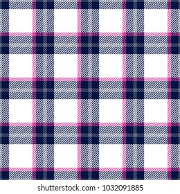 Pink, blue and white plaid seamless pattern. Vector background