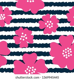 Pink, Blue and white seamless vector background with elements of flowers and stripes. Perfect for fabric, gift wrap, invitations, scrapbooking, quilting, wall paper, home decor and projects.