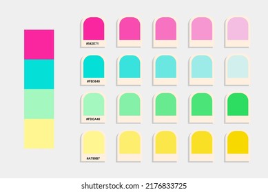 Pink blue yellow color palette, neon and pastel colors catalog, colour matching, rgb pantone colors, harmonious colours palette sample, design and edit idea, compatible color codes