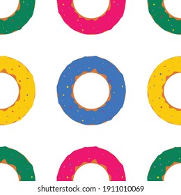Pink, blue, yellow, green doughnuts on a white background.