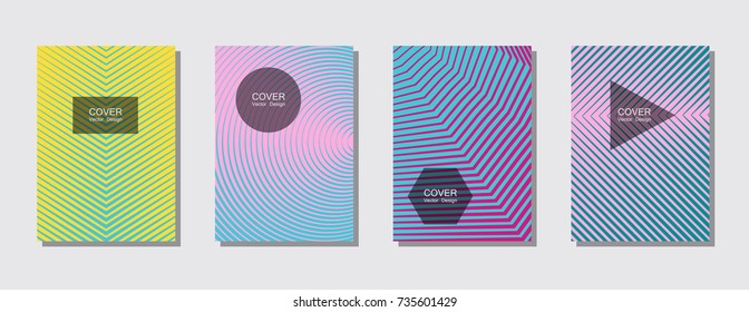Pink, blue and yellow halftone covers vector template with lines. Vector journal design geometric shape background set, halftone lines hipster pattern abstract business covers collection.