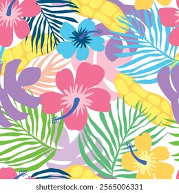 pink, blue, yellow hibiscus with pine needles, tropical fruits seamless pattern. tropical leaves and colorful hibiscus flowers overlapping seamless pattern.