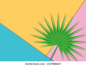Fondo de papel rosa, azul y amarillo con hoja tropical. Bandera de plástico vectorial con espacio vacío para su diseño