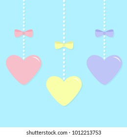 Pink blue yellow paper hearts hanging on dash line, bow. Happy Valentines day sign symbol. Cute graphic shape. Flat design. Love greeting card. Isolated. Cute background. Vector illustration