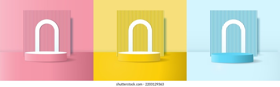 Pink, blue and yellow pedestal podium set. Abstract vector rendering of a geometric platform. Product display presentation. Minimal scene