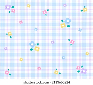 Pink Blue Yellow Purple Lilac Violet Flower Gingham Patterns Background Editable Stroke. Vector Illustration Tablecloth, Picnic Mat Wrap Paper.	