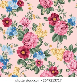 pink blue and yellow seamless vector stock flowers with green leaves pattern on background