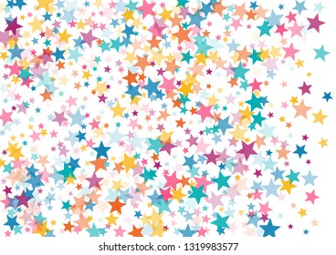 Pink blue yellow stars confetti falling holidays vector background. Magic shining cyan blue pink gold flying stars isolated on white border. Sparkles festive birthday party background graphic design.