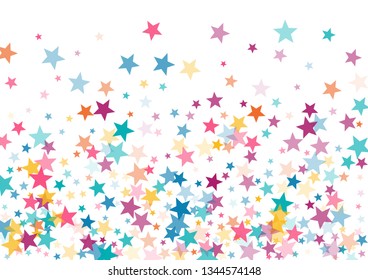 Pink blue yellow stars confetti falling holidays vector background. Magic shining cyan blue pink gold flying stars isolated on white border. Sparkles festive birthday party background graphic design.