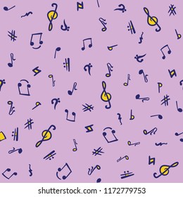 Pink, blue and yellow vector hand drawn music symbols seamless pattern